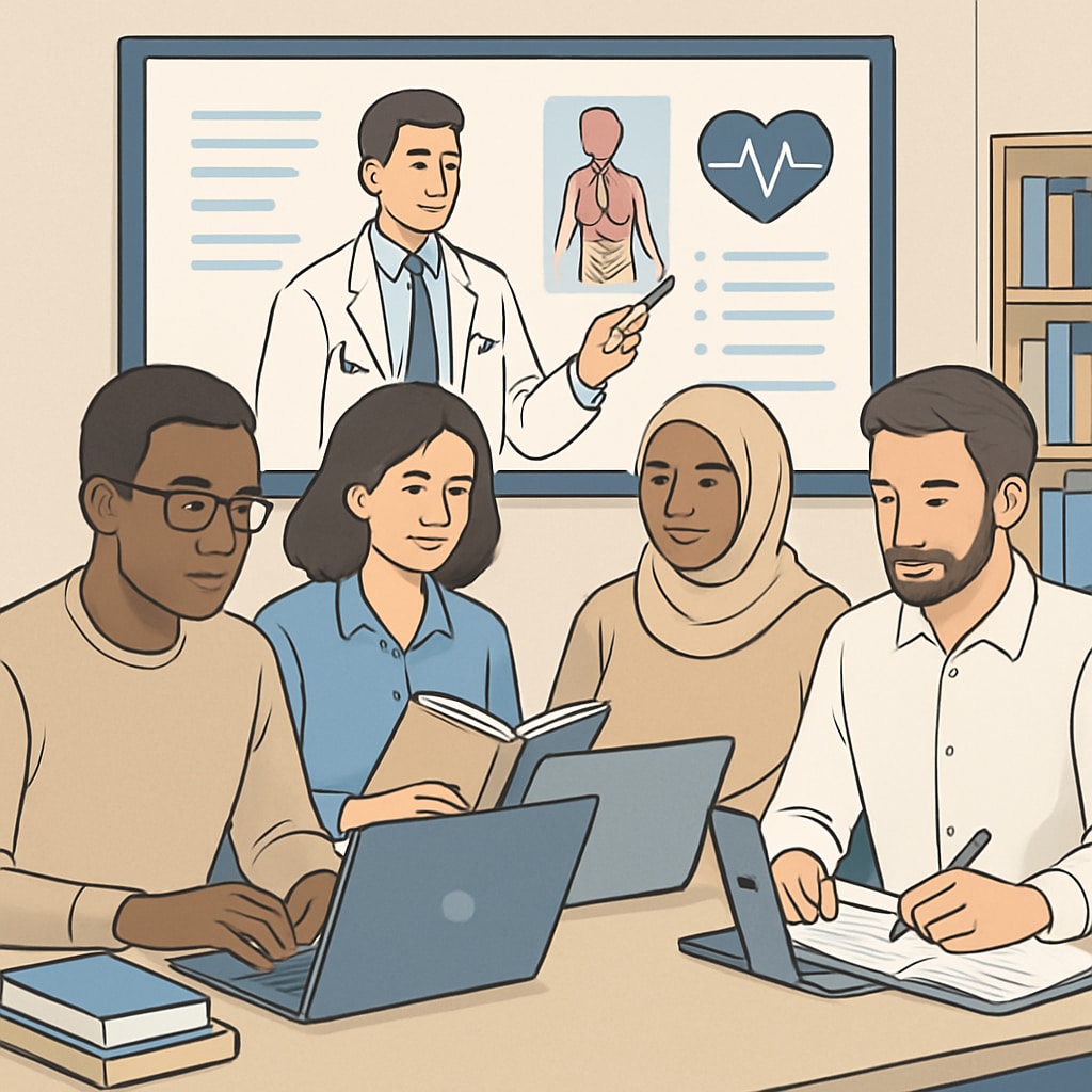 Diverse group of people studying medical topics online for non-medical education.