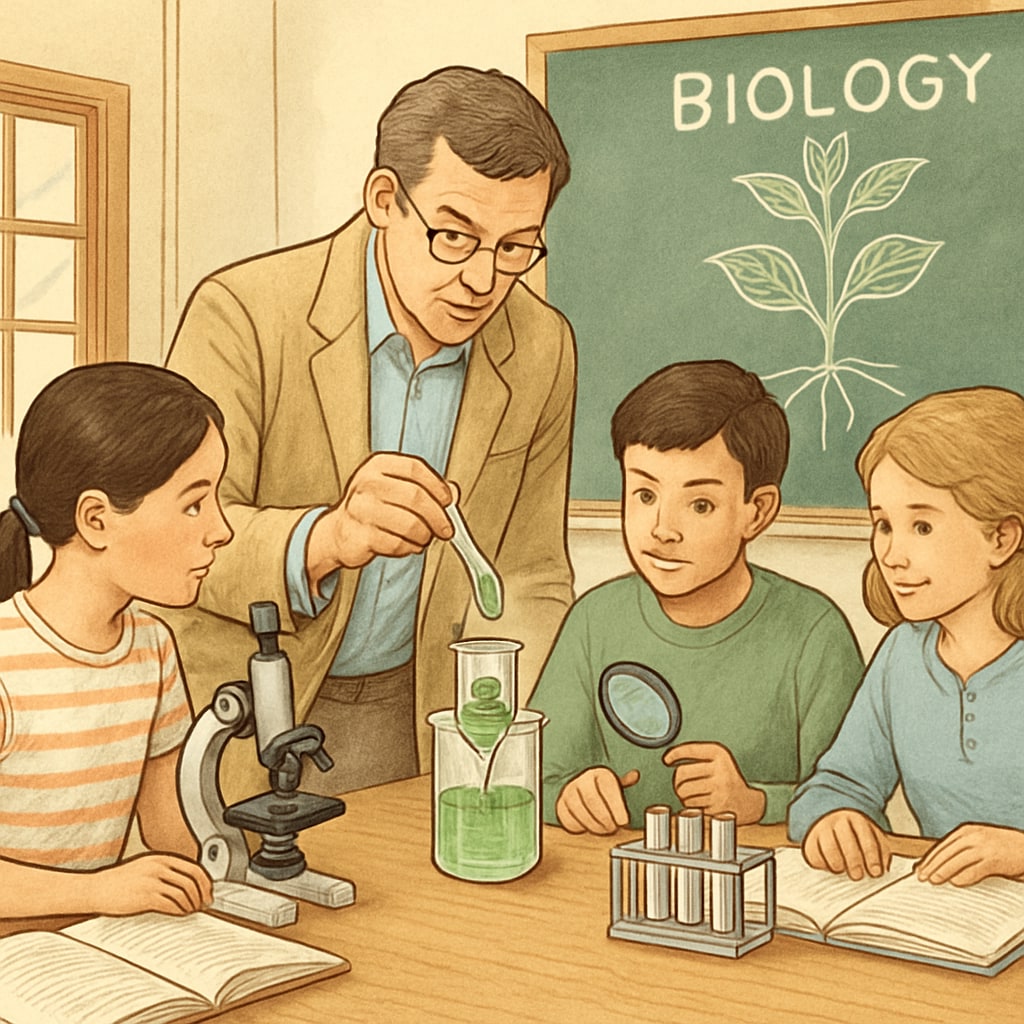 Biology teacher conducting a science experiment with students in classroom