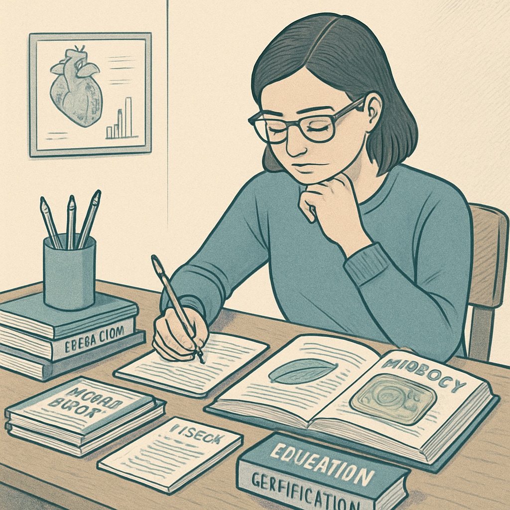 Graduate student preparing for teaching certification with biology materials