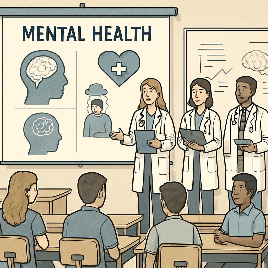 Medical students presenting mental health information at a high school assembly.