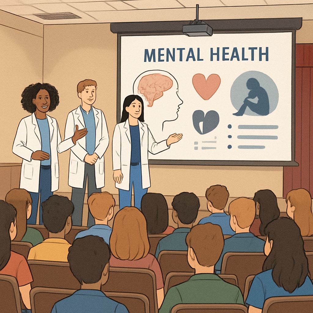 High school students listening to a mental health assembly led by medical students.