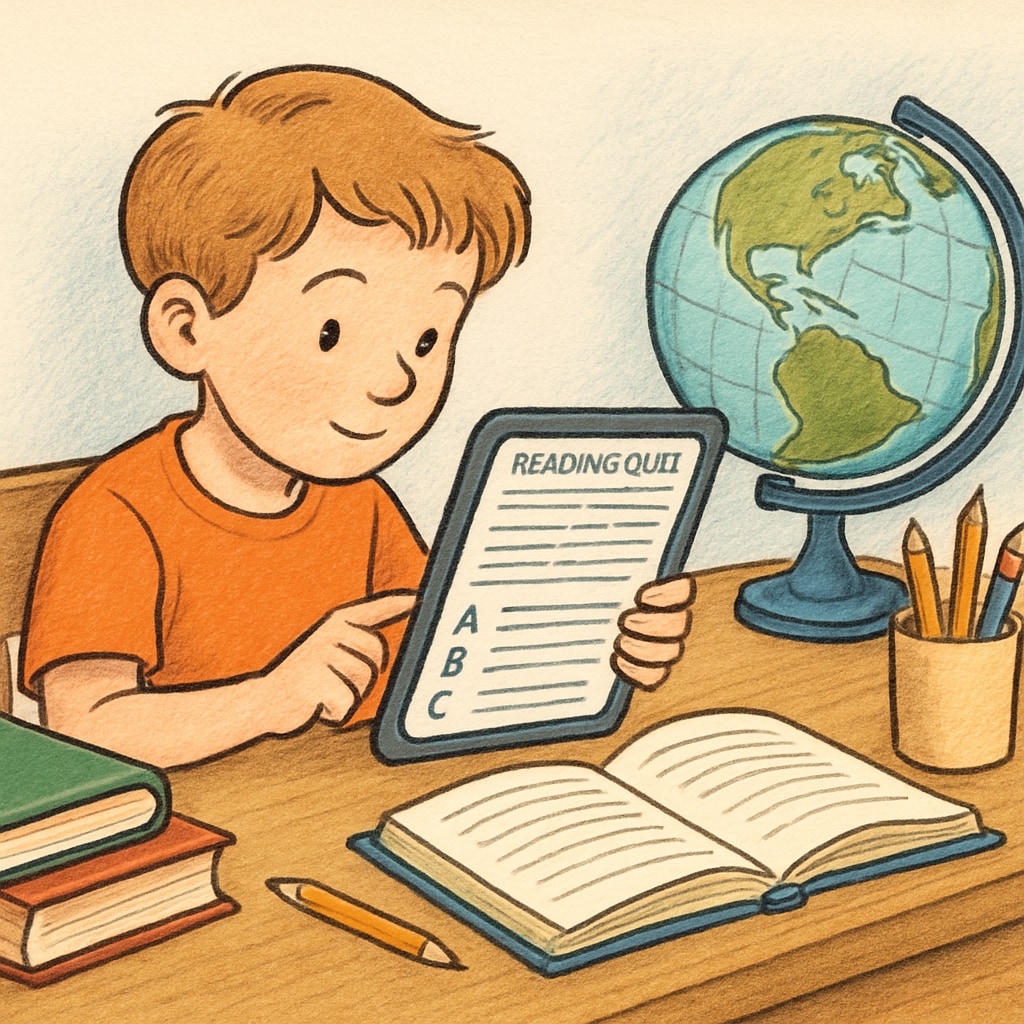 Child completing a reading comprehension quiz using free online tools.