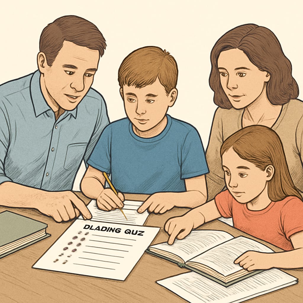Parents and kids working on a custom reading comprehension quiz at home.