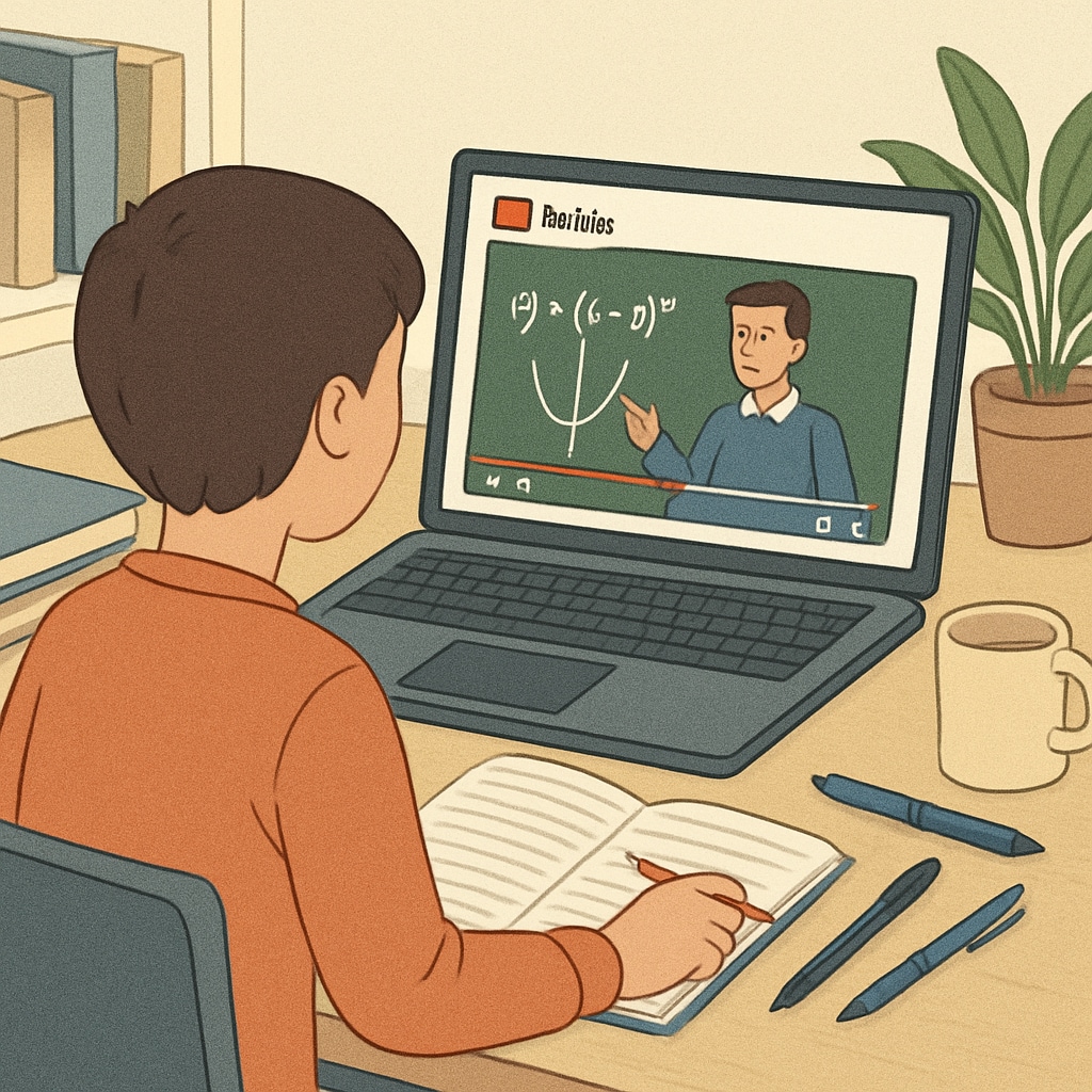 Student watching a YouTube tutorial to improve mathematical skills for campus recruitment.