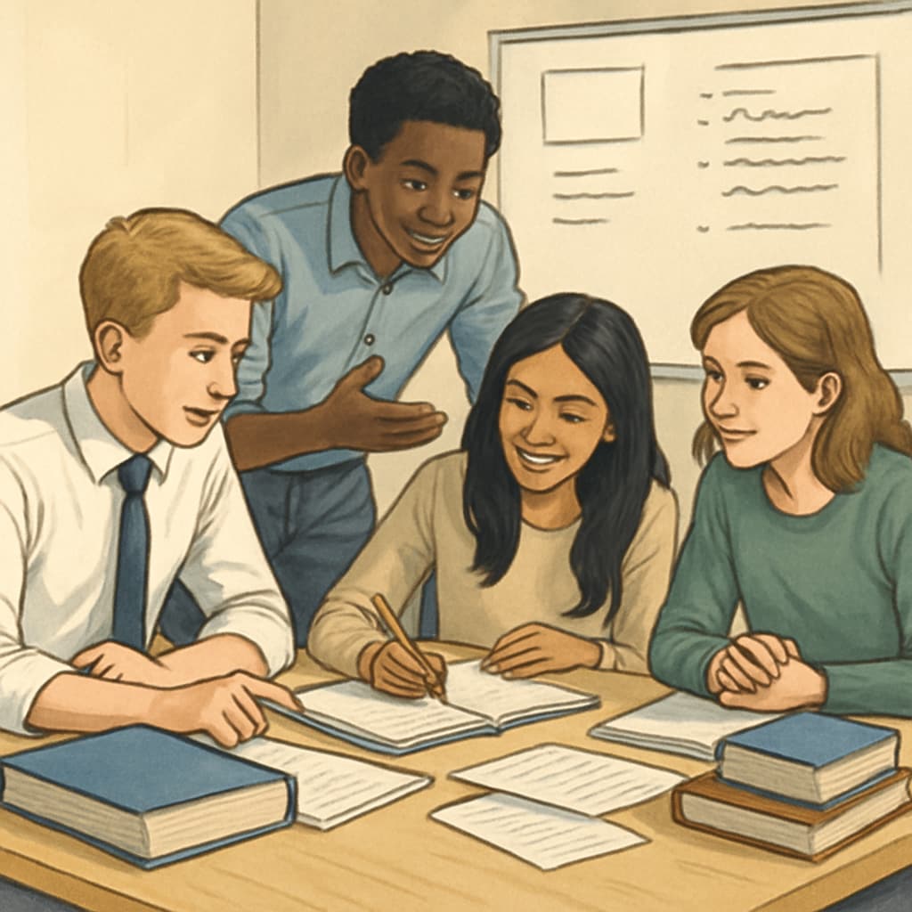 Students engaging in group discussions under the UK's A Levels model.