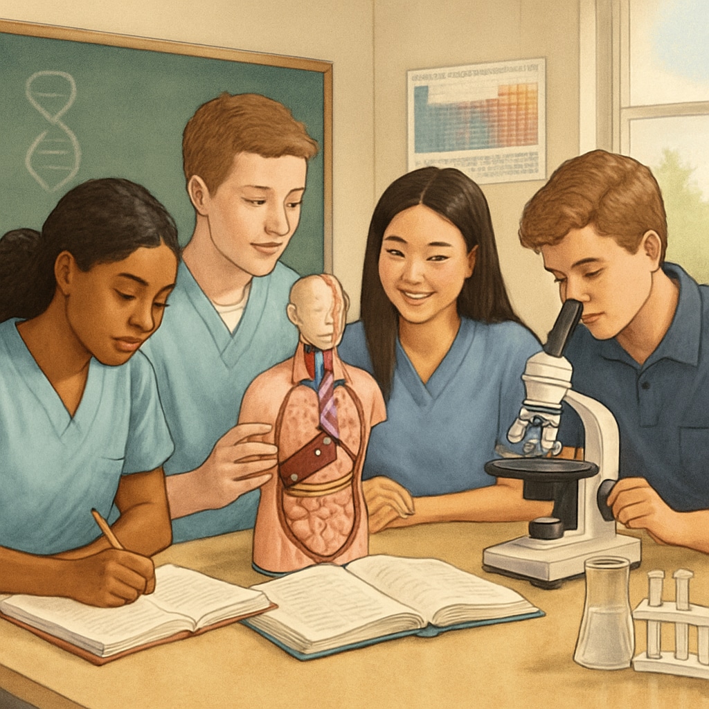 High school students working on a science project, related to nursing career preparation.