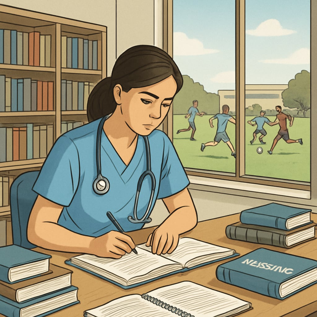 Nursing student balancing academics and campus life, with a library and soccer scene.