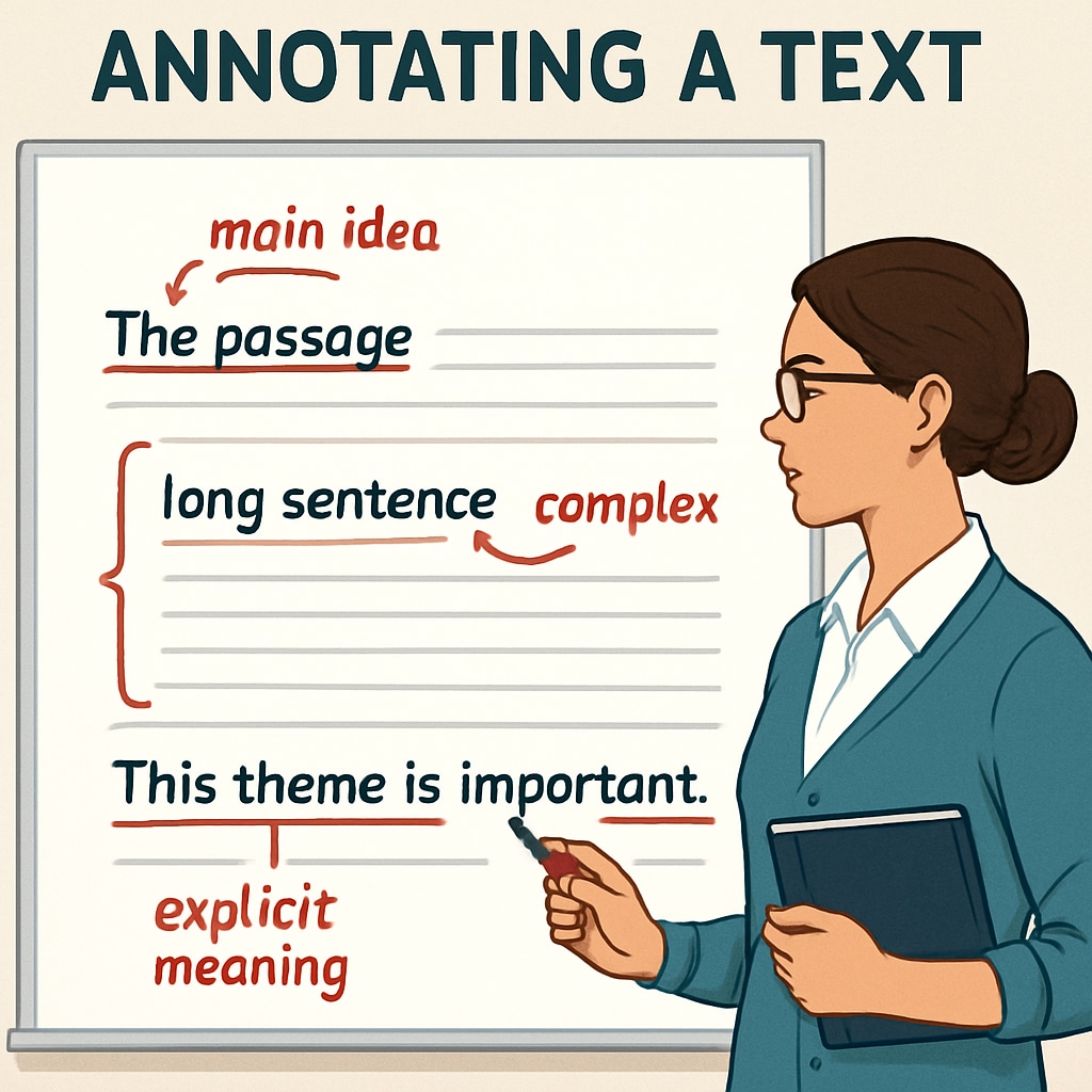 Teacher annotating text complexity in a classroom setting.