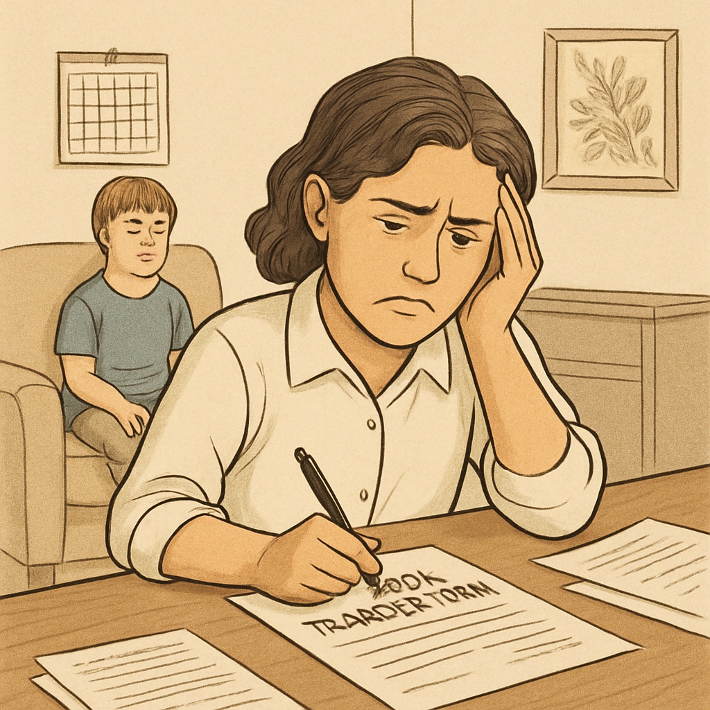 Parent filling out school transfer paperwork while special needs child waits at home.
