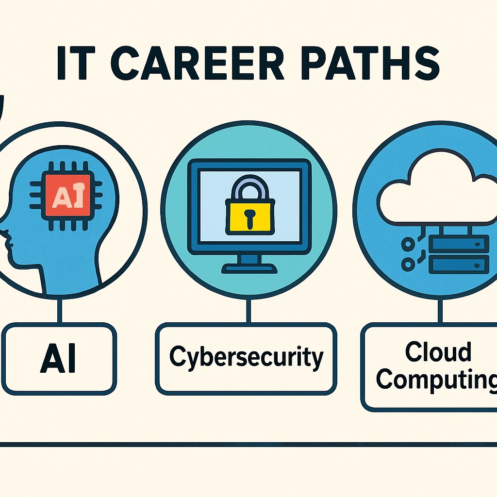 IT career path infographic with AI, cybersecurity, and cloud computing icons.