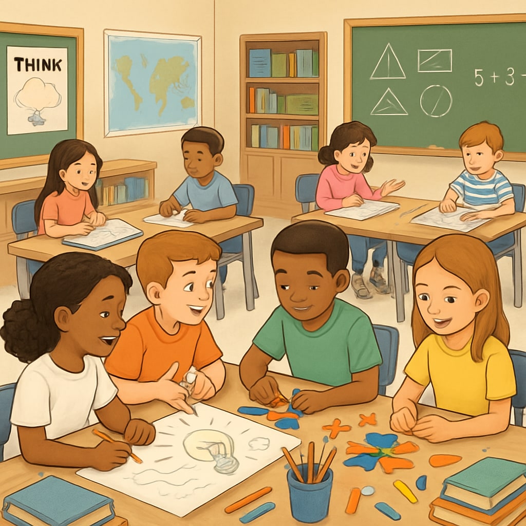 American classroom with students participating in group activities, emphasizing creativity.