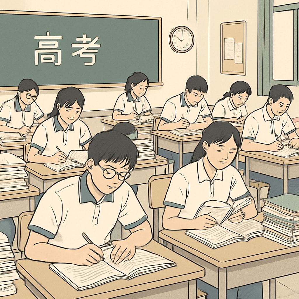 Chinese students studying in a classroom for the Gaokao exam, reflecting discipline and rigor.
