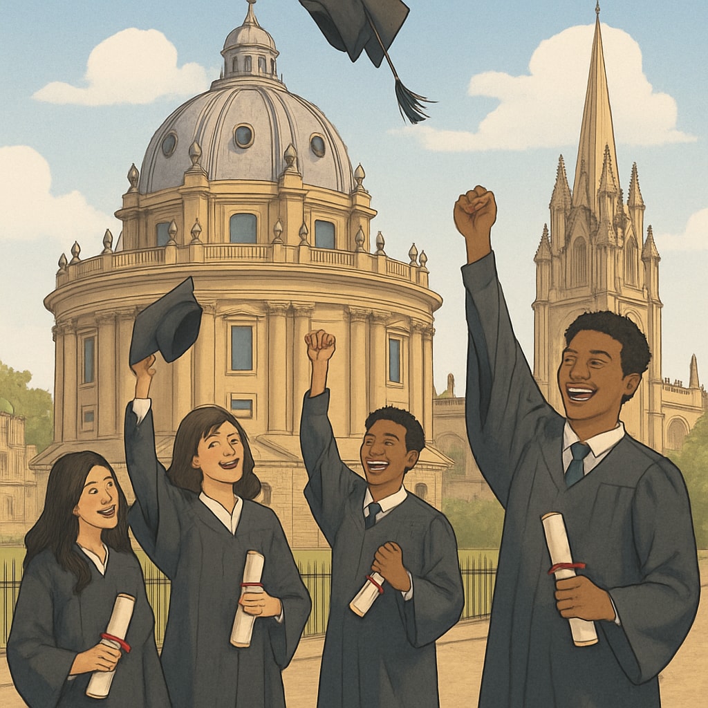 Oxford University graduation ceremony, symbolizing the challenges immigrant students face in accessing education.