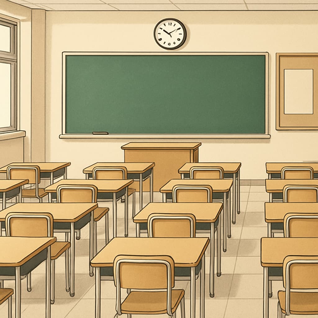 A classroom with empty desks symbolizing teacher absence, representing the concept of Empty classroom desks symbolizing