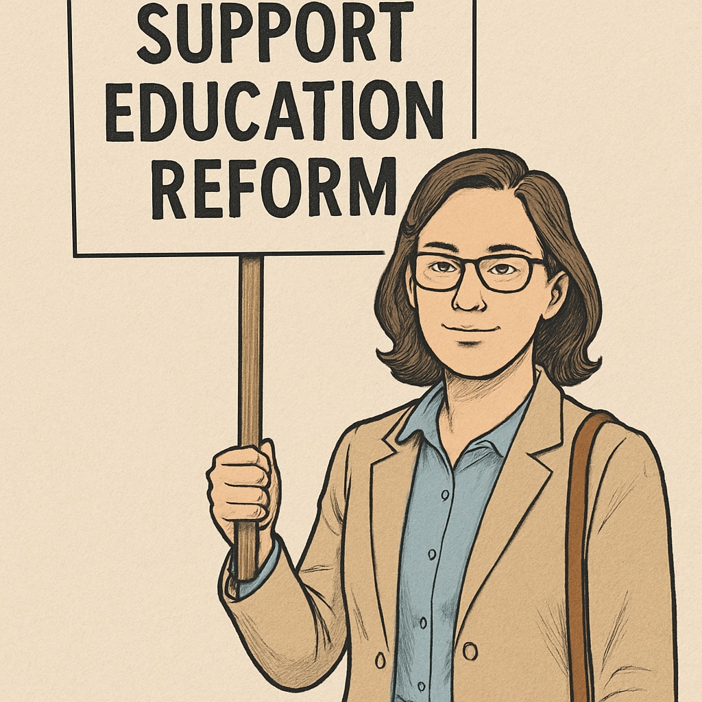 A peaceful protest sign held by a teacher, with the words Teacher holding a protest sign reading