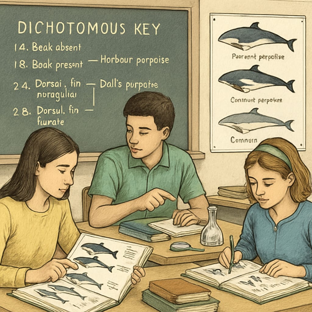 Students in a classroom learning porpoise classification through hands-on activities.