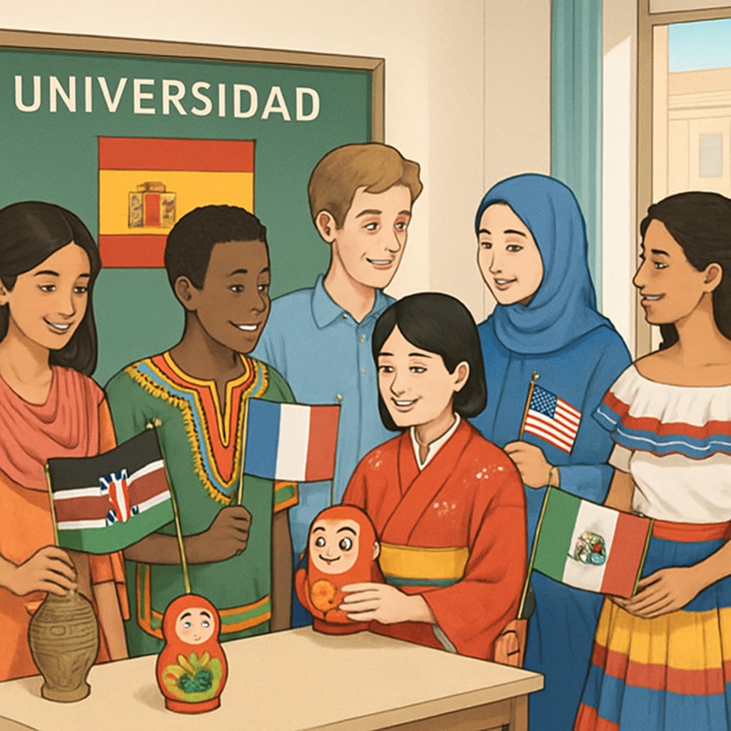 A diverse group of international students attending a cultural event at a Spanish university. International students enjoying a cultural event in Spain, highlighting inclusivity.