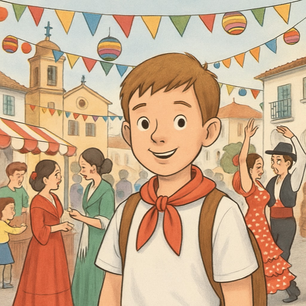 A student enjoying a traditional Spanish festival in a local town square. International student participating in a Spanish festival, showcasing cultural adaptation.