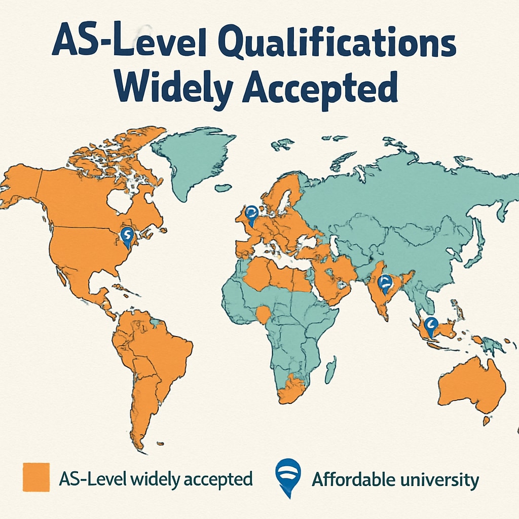 A global map showing regions where AS-level qualifications are widely accepted, with markers for affordable university locations. Global map highlighting AS-level-friendly regions and affordable universities.