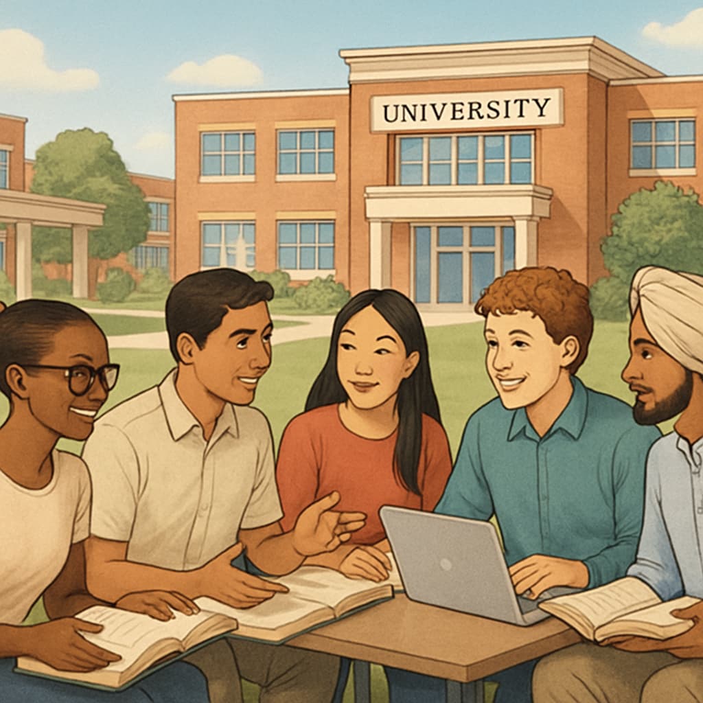 A diverse group of international students studying together at an affordable university campus. International students at a budget-friendly university with AS-level acceptance.