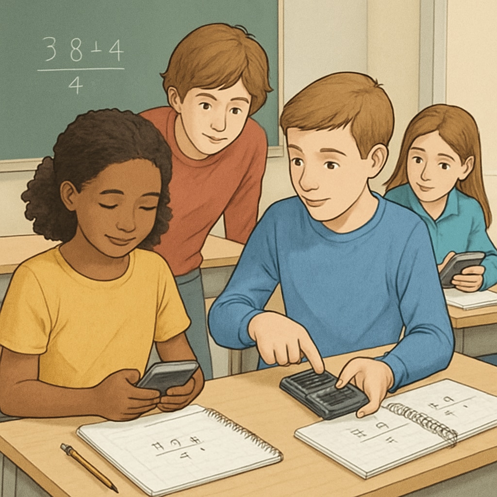 K-12 students utilizing RPN calculators in collaborative math exercises.