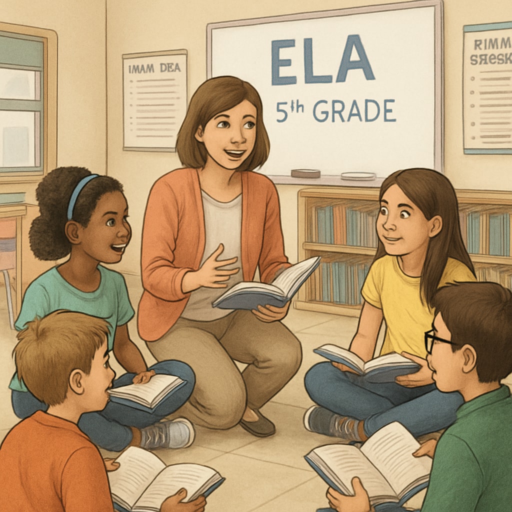 Fifth-grade students participating in a group reading activity as part of ELA instruction.