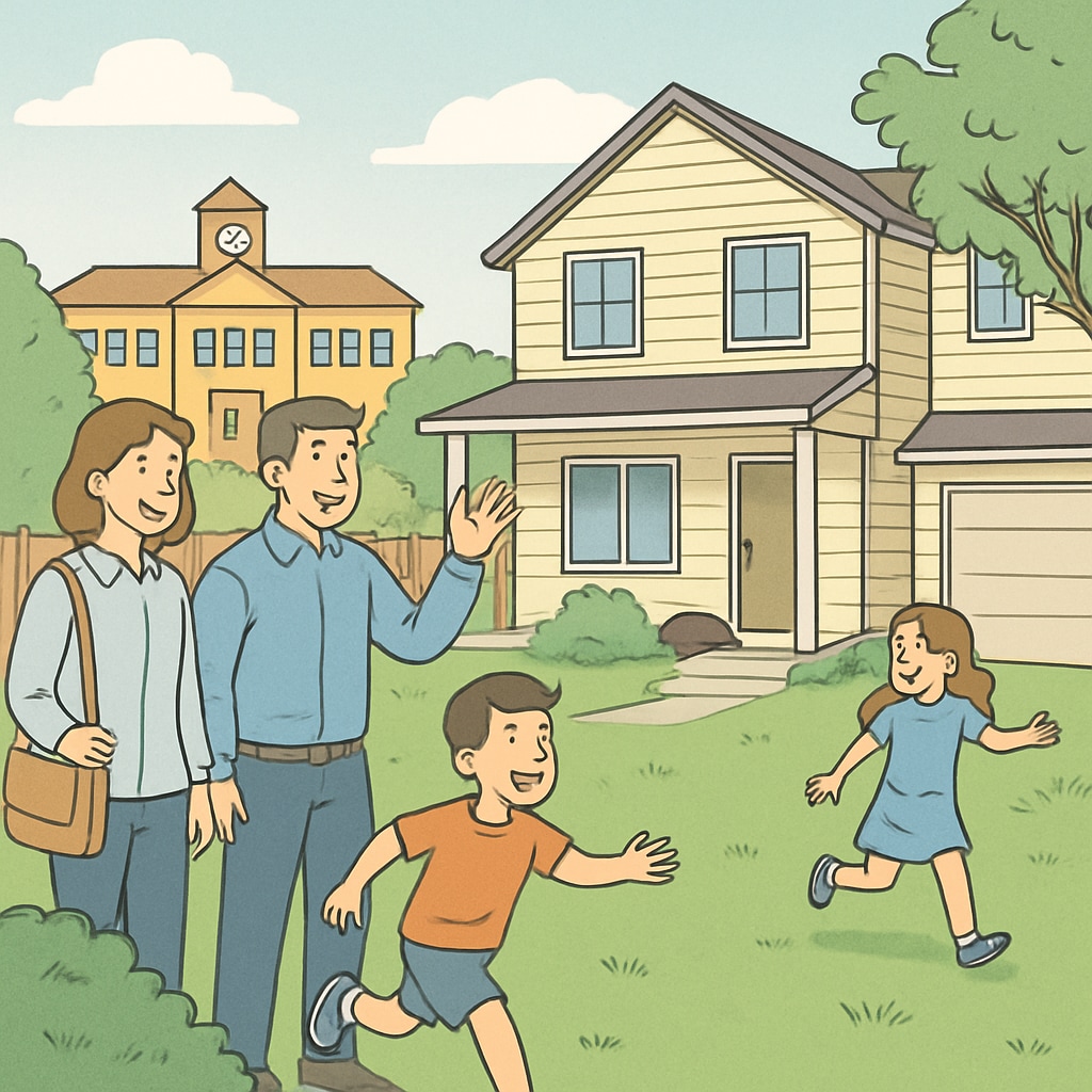 A family exploring a property in a highly rated school district.