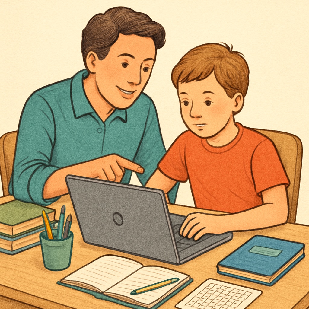 Parent helping a student navigate online dual enrollment coursework.