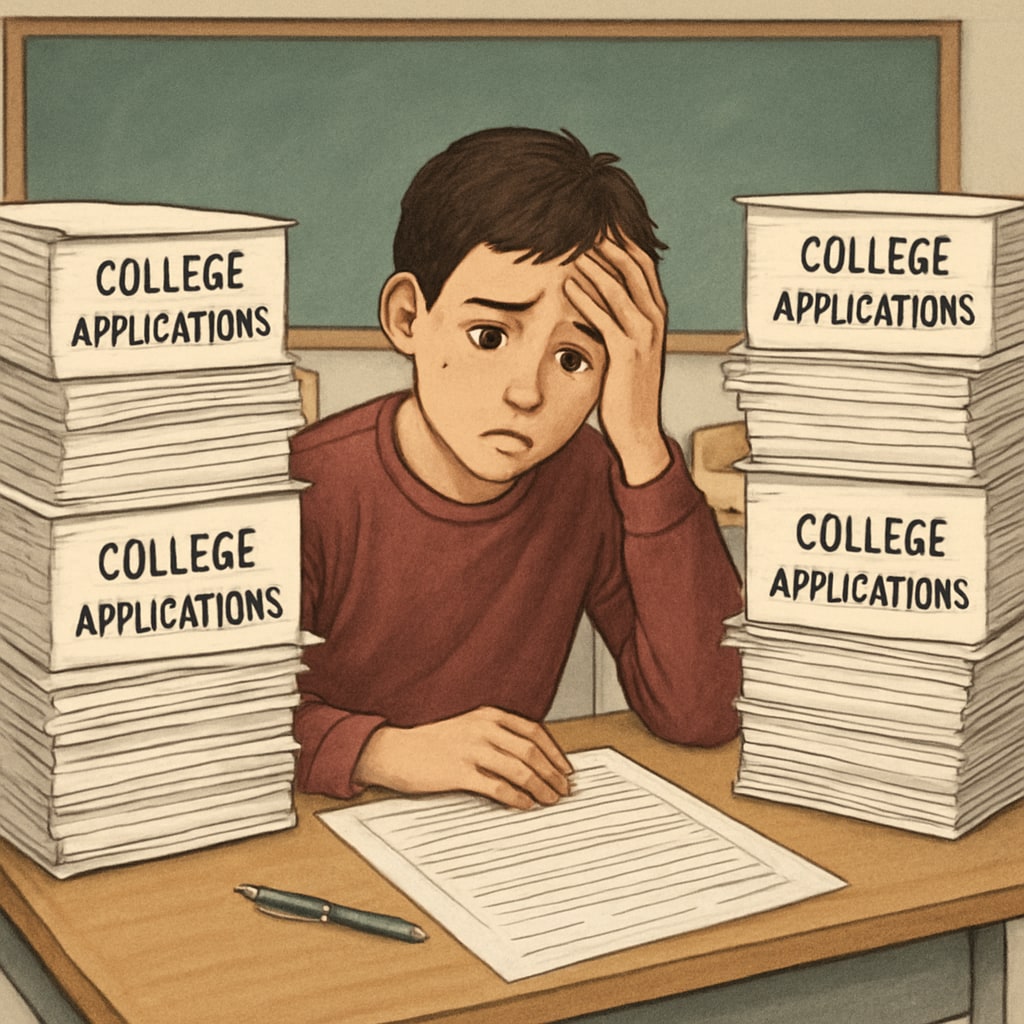 Freshman student overwhelmed by college application paperwork
