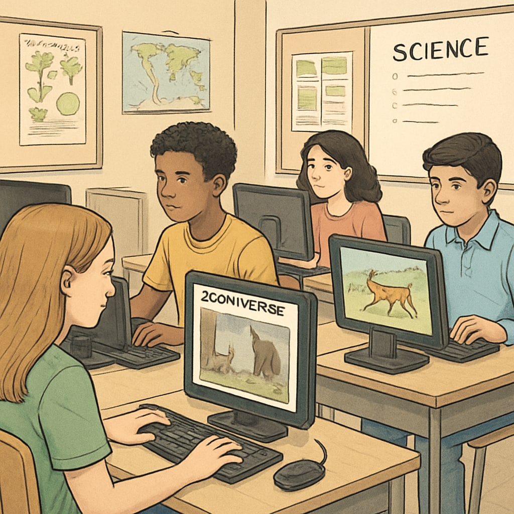 A group of K12 students analyzing wildlife images on Zooniverse as part of a citizen science project. The students are seated at computers in a classroom setting. K12 students participating in a Zooniverse citizen science project on wildlife.