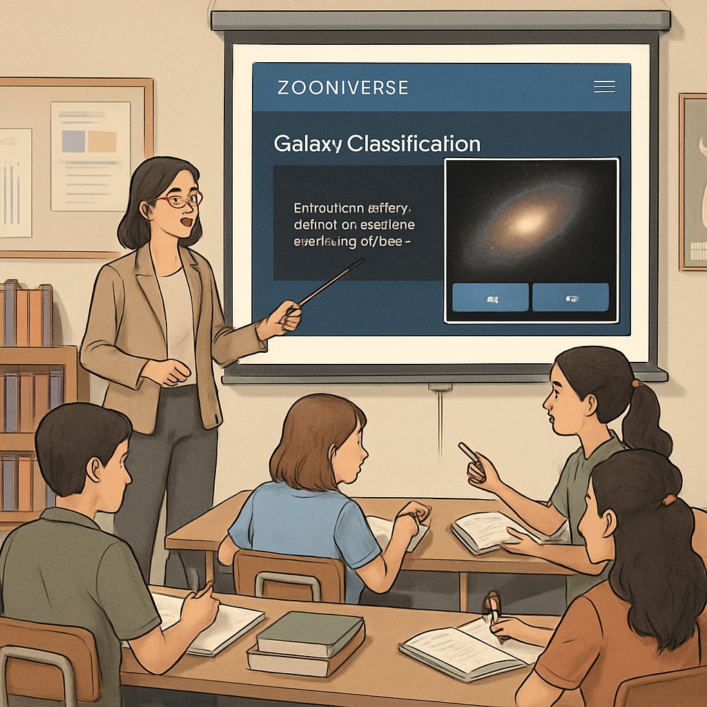A teacher guiding students through a Zooniverse project on galaxy classification, displayed on a classroom projector. The students are actively engaged and taking notes. Teacher and students exploring a Zooniverse galaxy classification project in class.