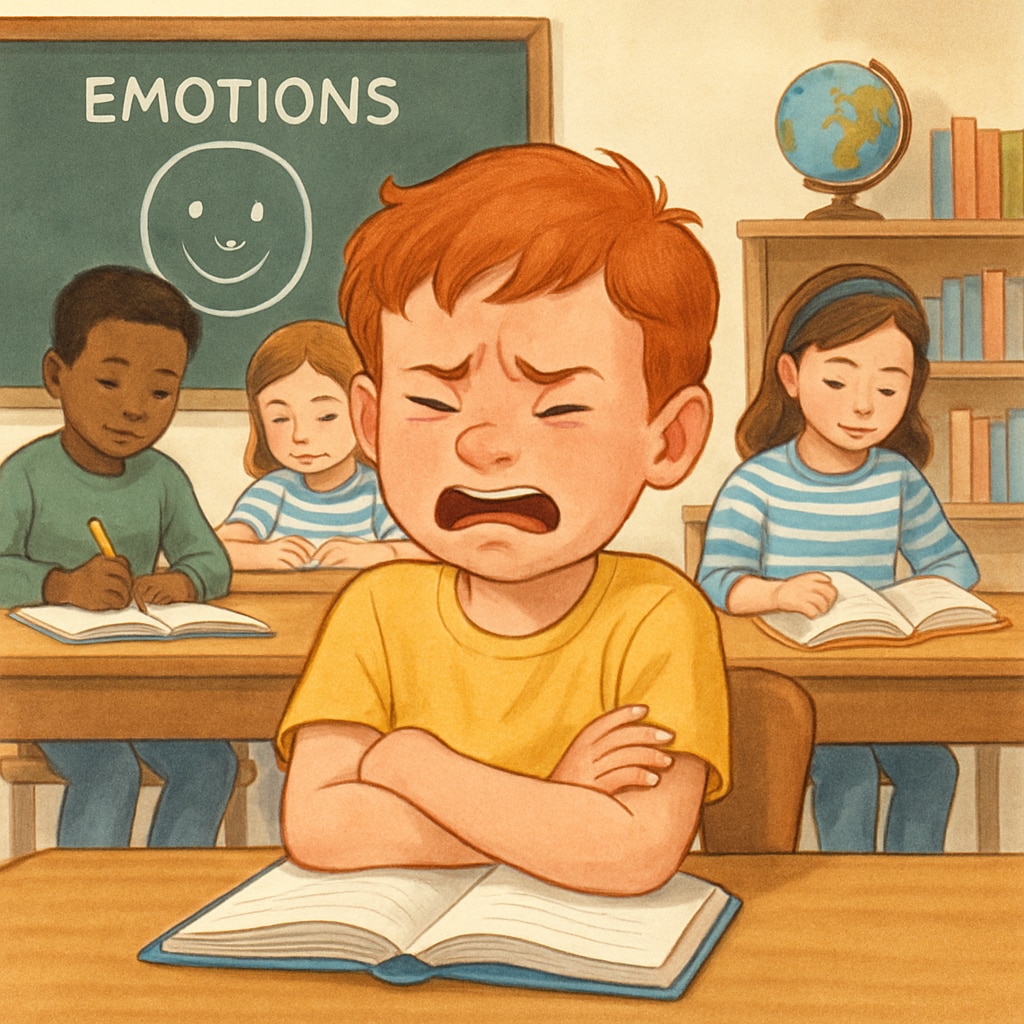 A child expressing emotions in a classroom setting to illustrate the concept of emotional education and its importance in child development. A classroom scene showing a child learning emotional expression as part of emotional education.