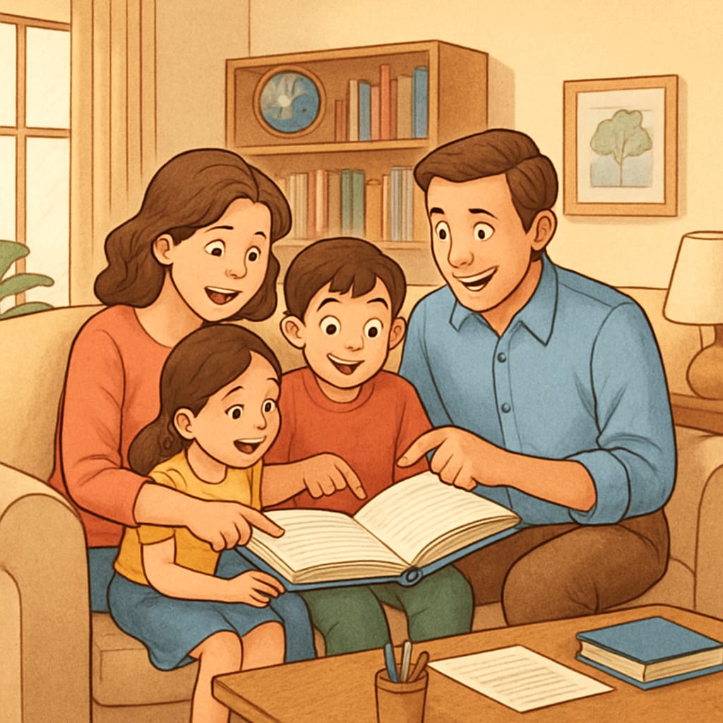 Parents and children reading a book together, discussing the emotions of characters to integrate emotional education into daily life. Parents fostering emotional education by reading a book and discussing emotional dynamics with children.