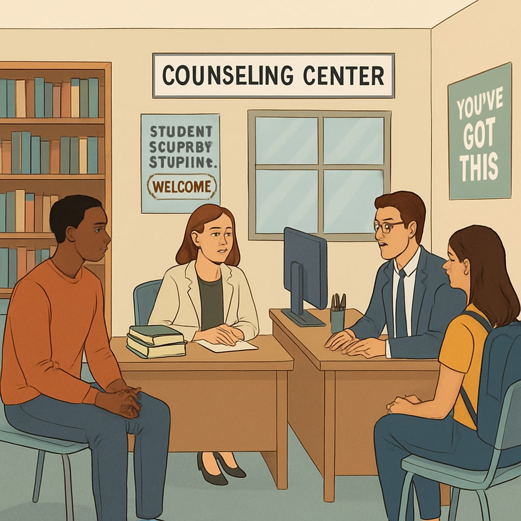 A university counseling center with students receiving academic advice, showcasing the importance of student support systems. Counseling center providing academic advice to students for success