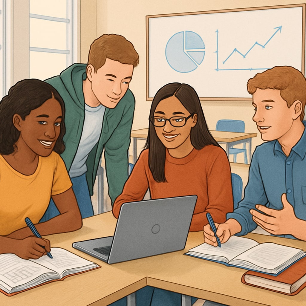 Students collaborating on a project in a modern classroom setting, highlighting innovative teaching methods in higher education. Students working together on a project in a modern classroom