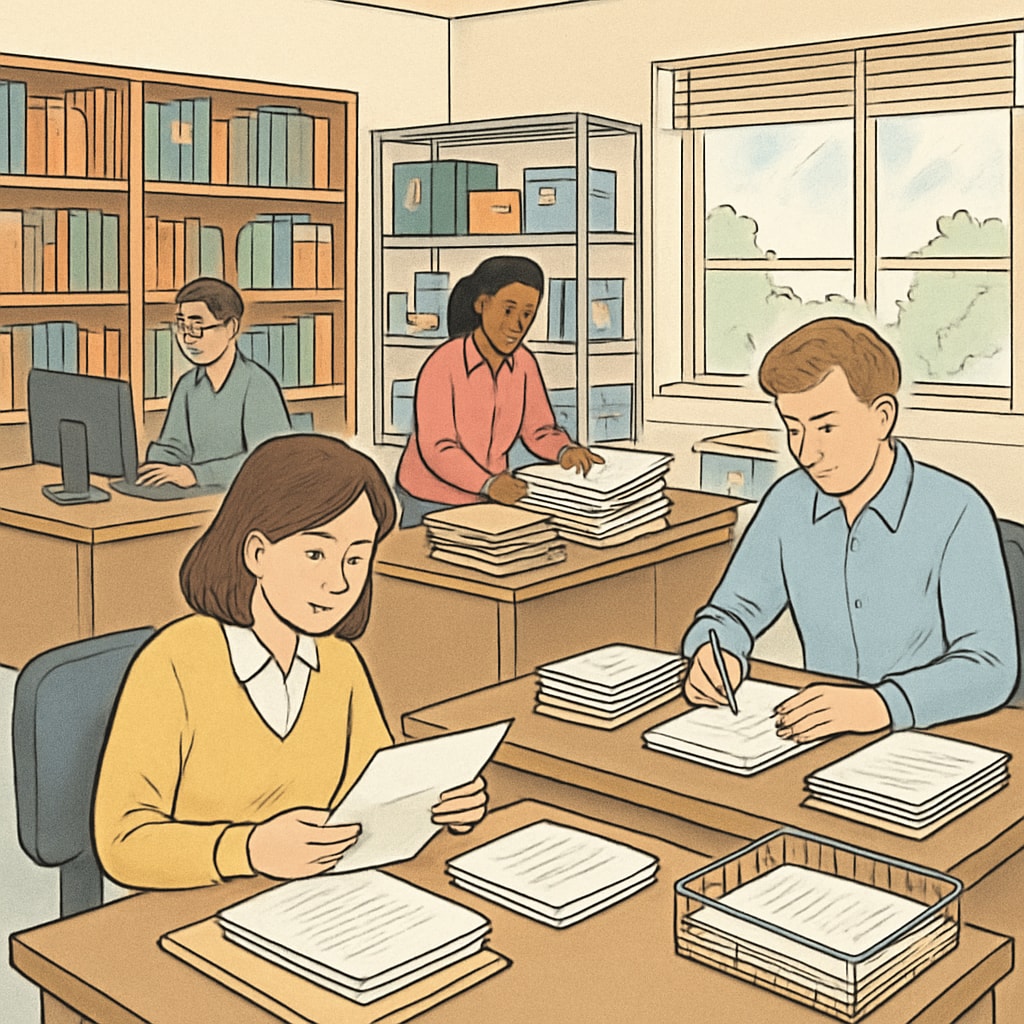 A school administrative office with staff working at desks, sorting documents. School administrative staff working on documents and tasks.
