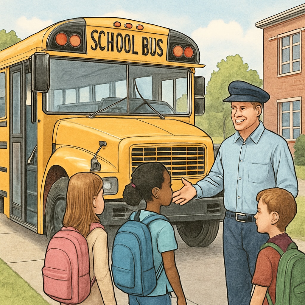 A school bus parked near a campus, with a driver greeting students. School bus driver interacting with students near a campus.