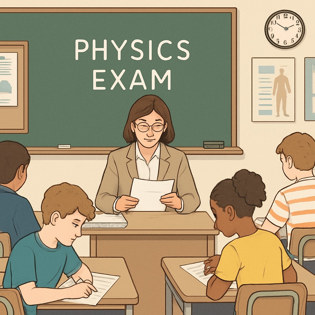 A classroom with students taking a physics exam, focusing on a teacher reviewing papers at the front desk. Classroom scene showing students taking an AP Physics exam and a teacher reviewing assignments.