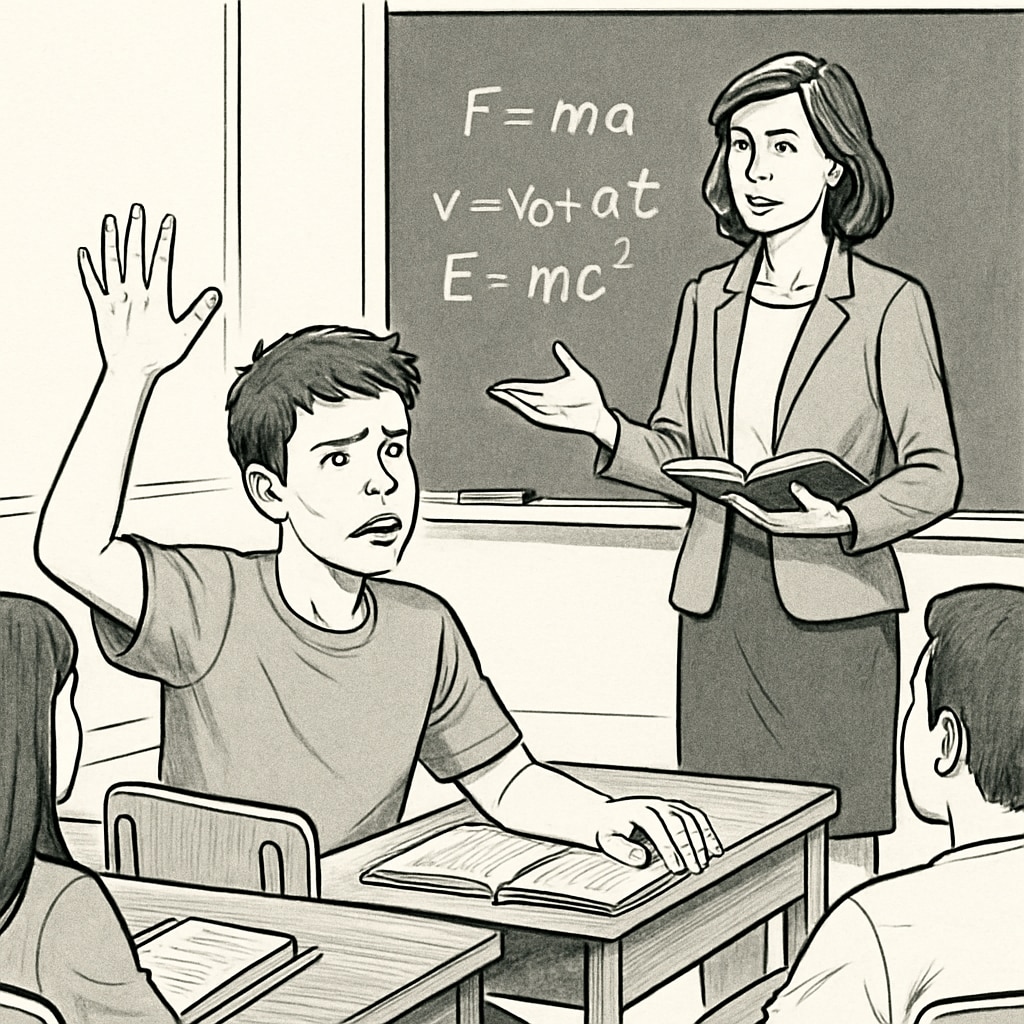 A student raising their hand with a frustrated expression during a physics class, highlighting teacher-student interaction. Student expressing frustration in a physics class, illustrating issues with teaching methods.