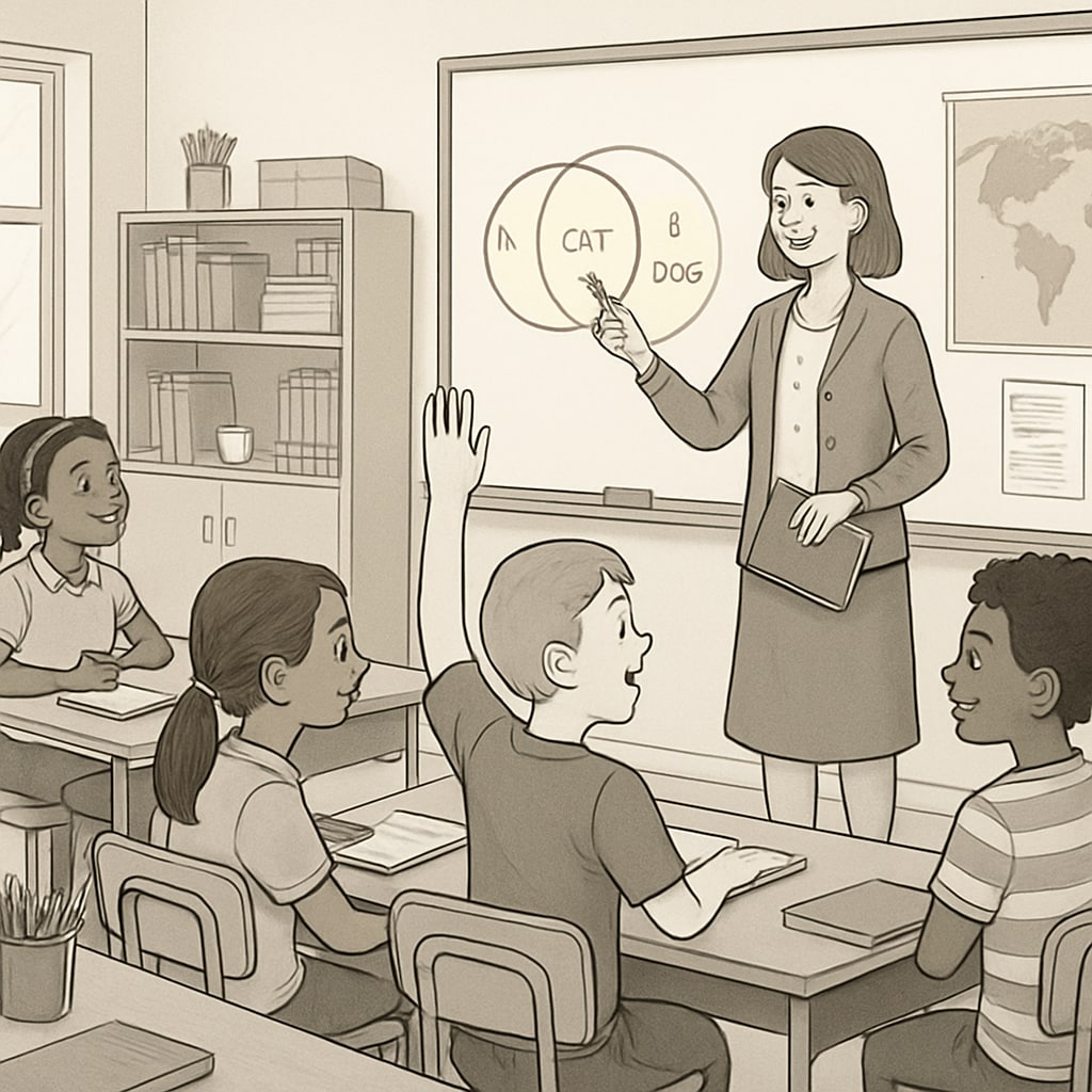 A classroom filled with engaged young students and a teacher guiding them in an interactive lesson. Public elementary school classroom with students and teacher in a learning environment.