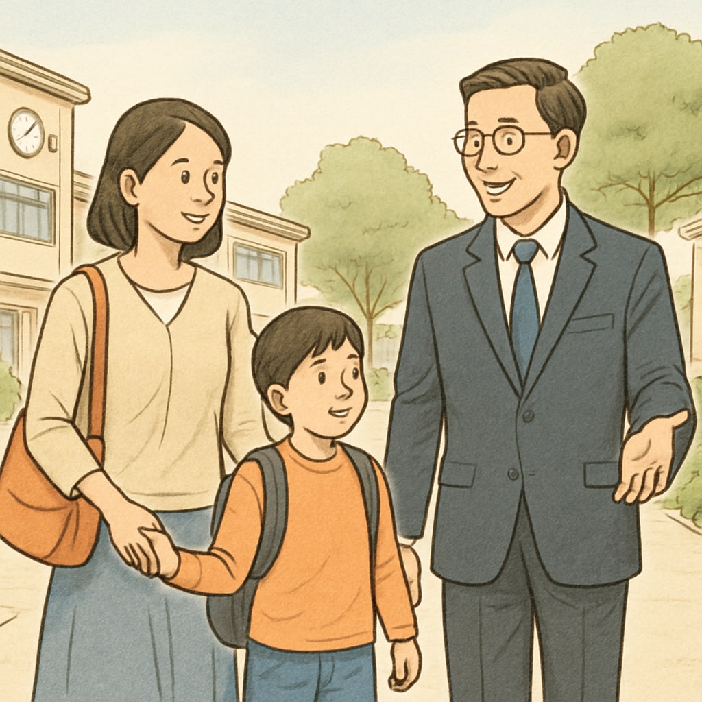 A parent and child touring a school campus, guided by a teacher or administrator. Parent and child visiting a public elementary school campus.