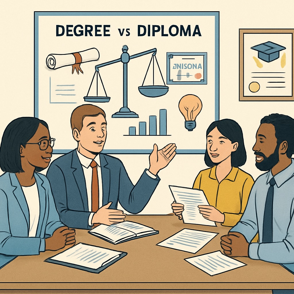 A group of diverse professionals discussing educational qualifications in a workplace setting, symbolizing the debate between degrees and diplomas. A workplace discussion highlighting the paradox of valuing high school diplomas over college degrees.