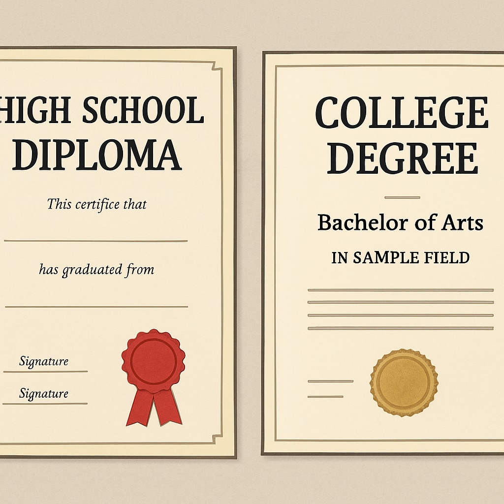 A close-up of diplomas and certificates, including both a high school diploma and a college degree, highlighting the contrast in perceived value. Diplomas and certificates illustrating the gap between high school diplomas and college degrees.