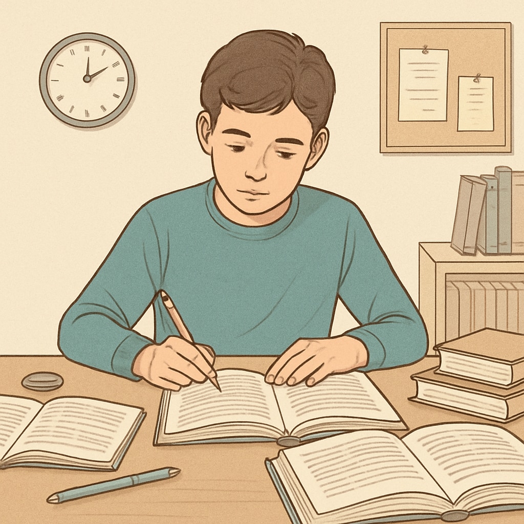 A young student studying at a desk surrounded by books, emphasizing the importance of effective study techniques for teens. Teenager studying at a desk with books, related to study methods and memory techniques.