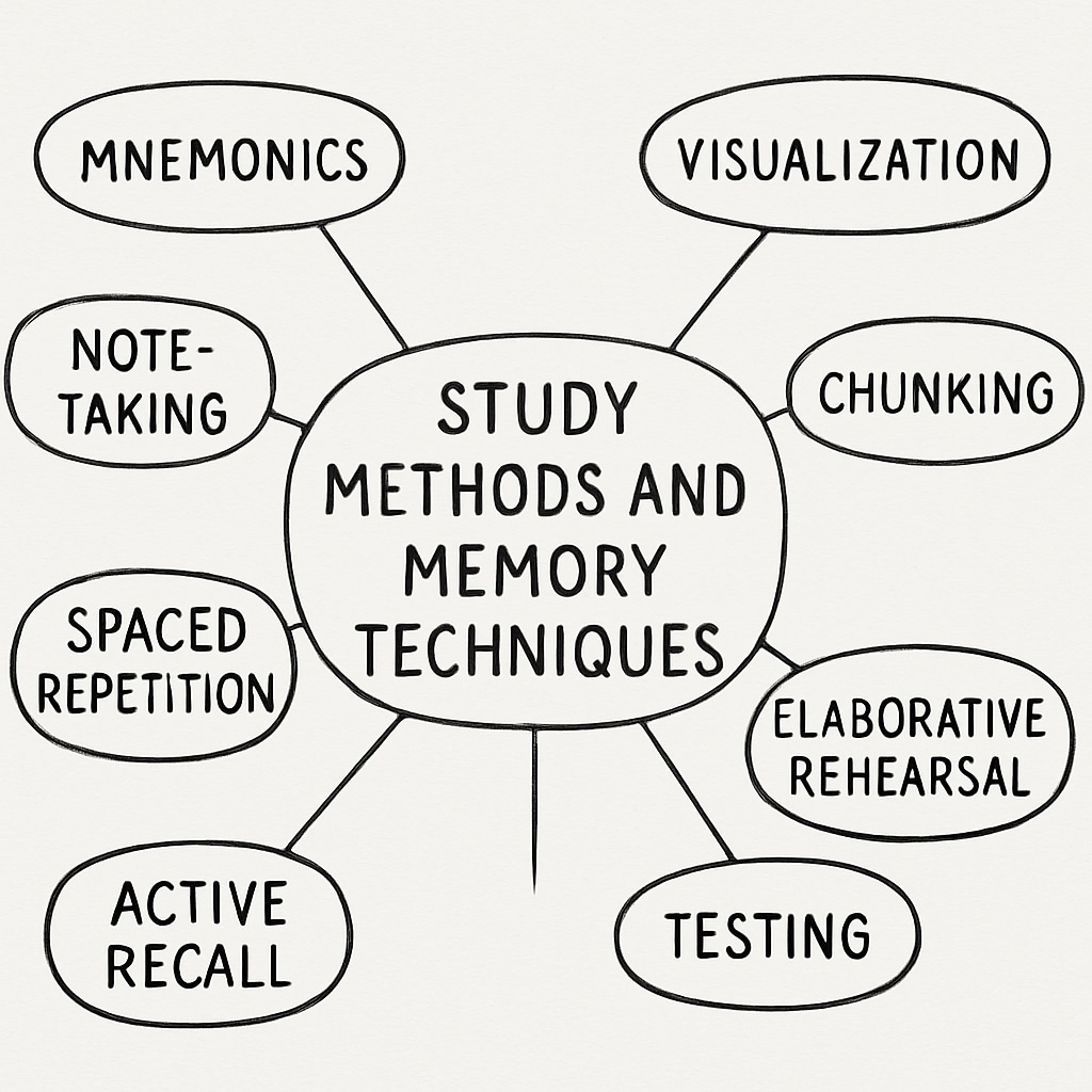 A mind map diagram on a whiteboard, showcasing how to connect study methods and memory techniques visually. Mind map example illustrating study methods and memory strategies.