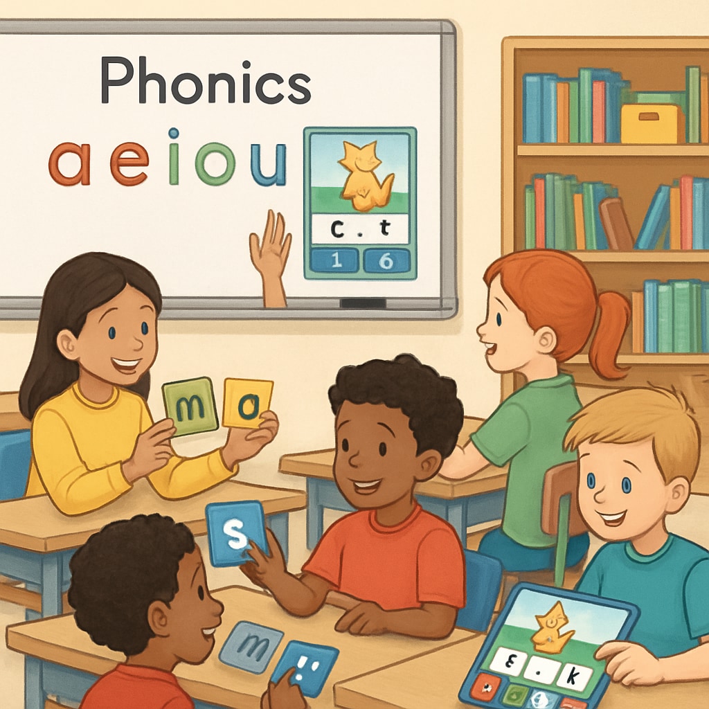 Children learning phonics in a classroom setting