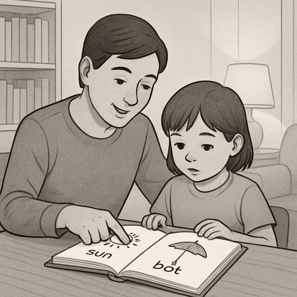 Parent assisting child with phonics reading at home