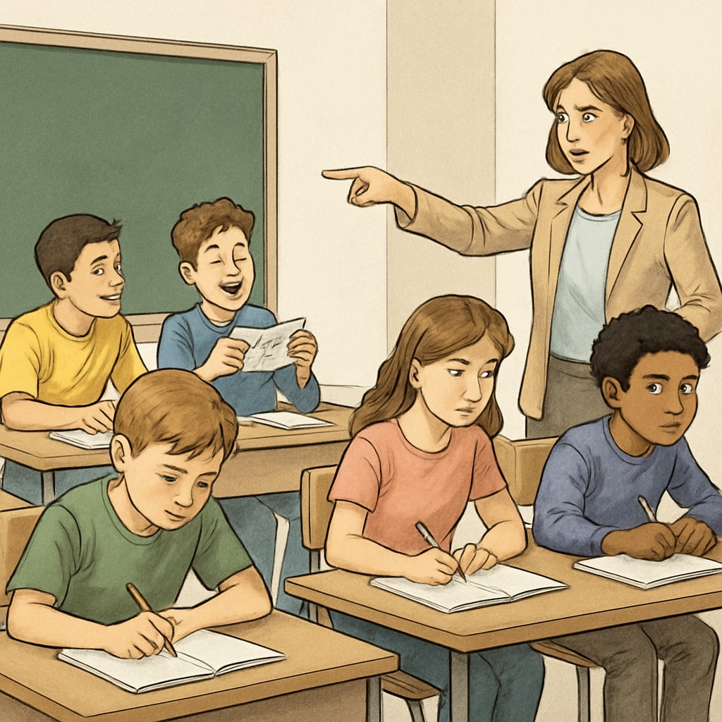 A classroom with students and a teacher, illustrating both focused and distracted learners. The image captures the need for intervention to balance learning environments. Classroom scene showing students learning with one disruptive student.