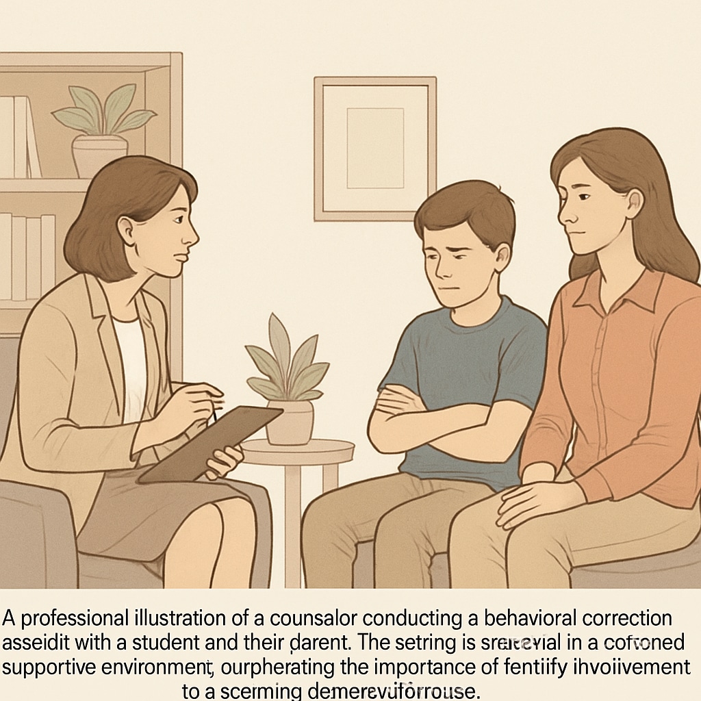 A counselor working with a student and parent during a behavioral correction session. This highlights the role of family in addressing disruptive behavior. Parent, student, and counselor in a behavioral correction session.