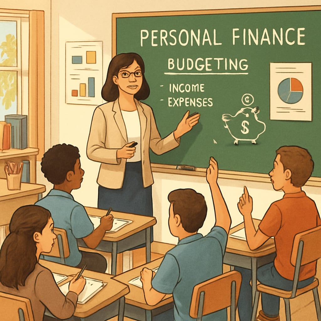 A teacher explaining financial literacy concepts in a classroom.